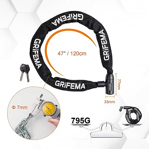 GRIFEMA Zinc Keyed Bike Chain Lock 4FT Heavy Duty Anti-Theft Steel with Protective Sleeve