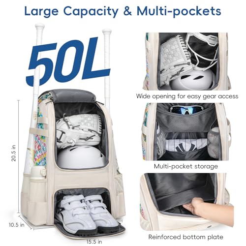 KAVIGOR Beige Baseball Bag for Youth - Large Capacity Softball Backpack with Shoe Compartment & Bat Holders