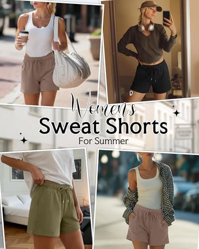 JoyMotion Women's Drawstring Sweat Shorts 3 Pack - Black, Mocha, Matcha Green, Medium