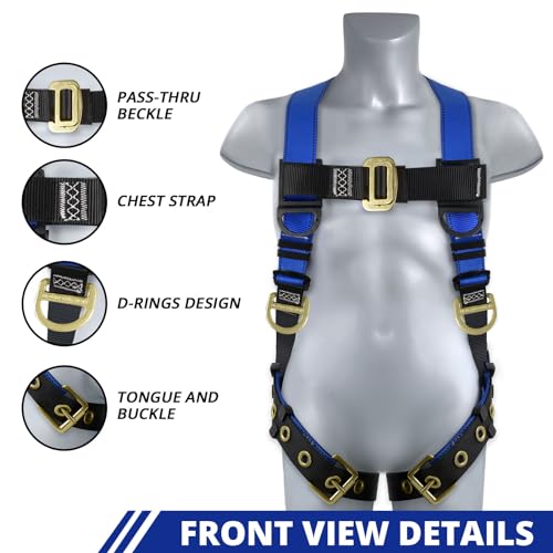 TRSMIMA Safety Harness Fall Protection - Men Full Body Construction Roofing Work Belt with 5 Point Adjustment Back D-Ring Grommet Legs ANSI