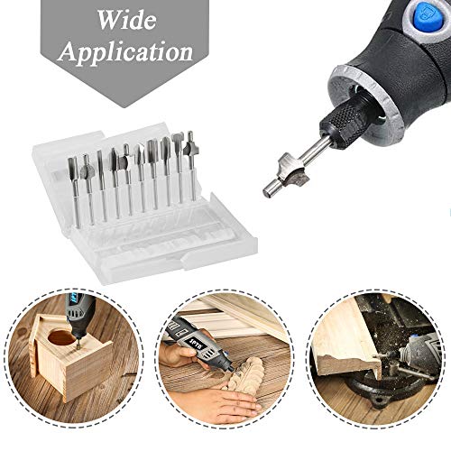 Mesee 10Pcs HSS Router Bits 1/8"(3mm) Shank Carbide Engraving Bit Set Fit Rotary Tool Tools for DIY Woodworking Edge Grooving Carving Milling Trimming
