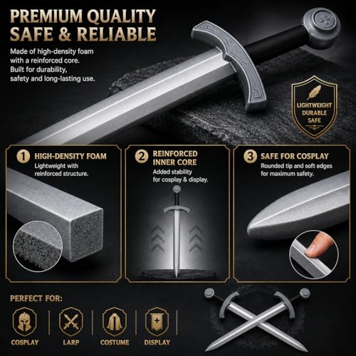2-Pack Foam Medieval Excalibur Swords with Metallic Finish for Cosplay and Display
