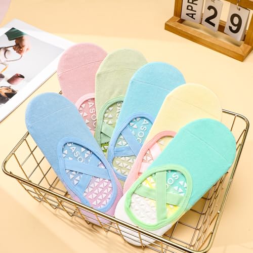 Pilates Socks for Women - 6 Pairs Gradient Cotton Yoga Socks with Straps