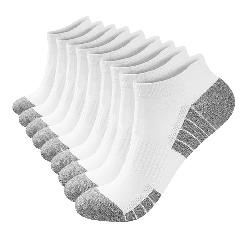 Men's Cotton Ankle Socks with Arch Support - Moisture Wicking, White, Large-X-Large (9 Pairs)