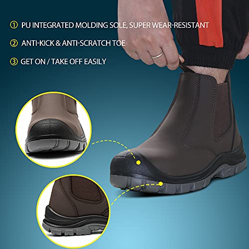 TAERDUN 6" Steel Toe Slip-On Chelsea Work Boots for Men, 11.5 X-Wide Women / 10 Wide Men, 414 Brown