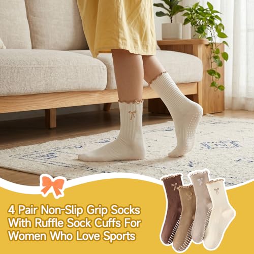 Cute Bow-Tie Ruffled Pilates Socks with Grips - Brown Color Scheme