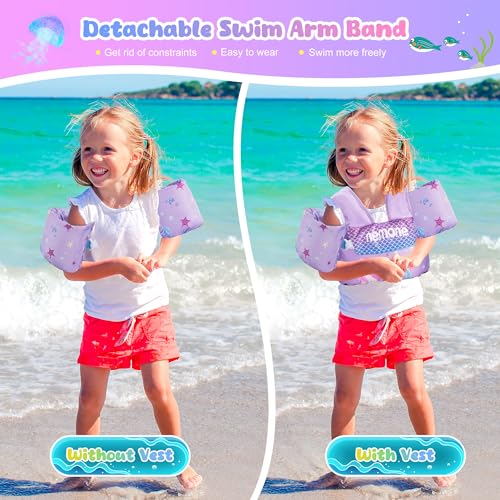 NEMONE 22-70 lb Toddler Swim Vest with Detachable Arm Water Wings - Purple Mermaid