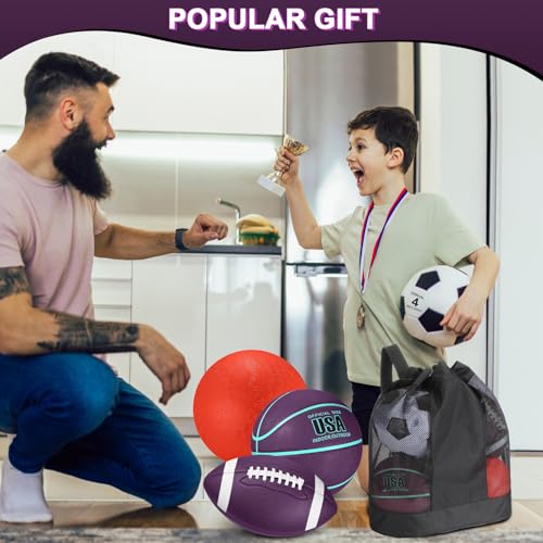 Deekin 4 Pcs Sport Balls Set Purple Teal – Soccer, Basketball, Football & Playground Ball with Pump