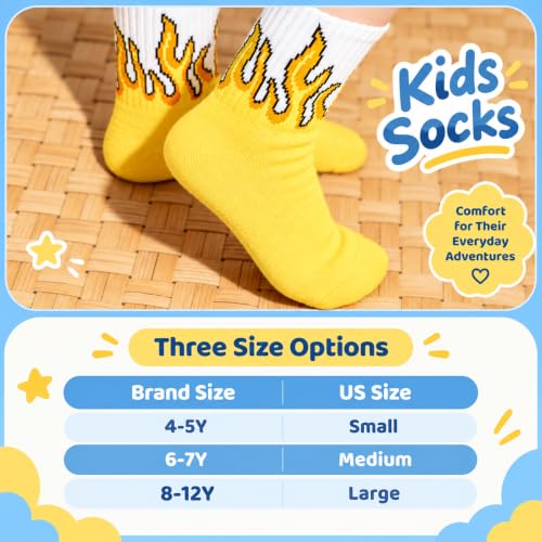 Kids Flame Socks 5 Pairs - Colorful Fire Pattern Crew Socks, 4-5 Years, Lirpazelyx