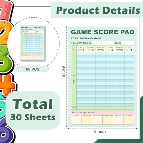 30 Sheets Game Score Pads - Double Sided Score Tracker, 6 x 9 Inch