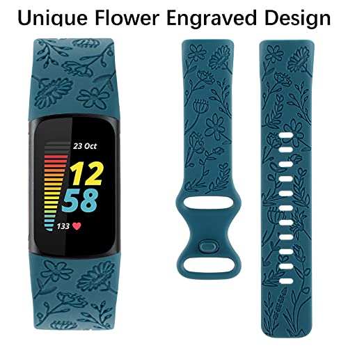 Flower Engraved Fitbit Charge 5/6 Band - Blue