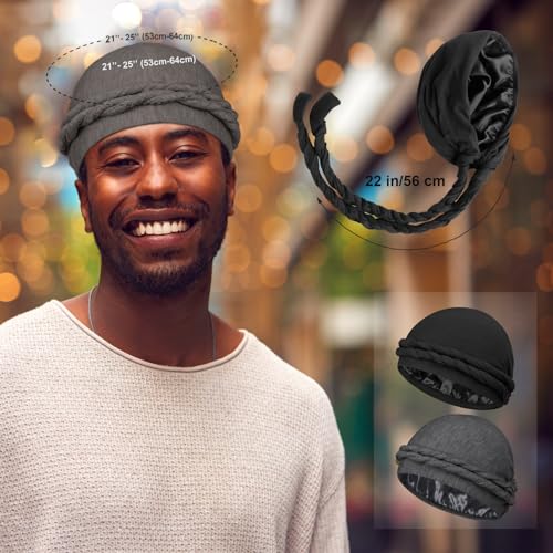 Satin Lined Turban Head Wraps for Men - 2 Pcs Black & Dark Gray
