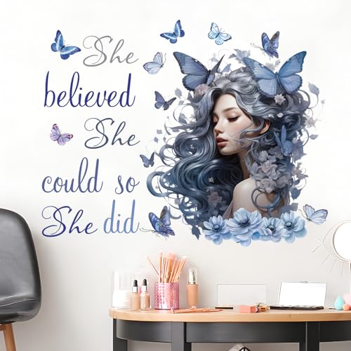 Blue Inspirational Wall Quote Decals She Believe She Could So She Did Wall Stickers DIY Peel and Stick Butterfly Positive Sayings Mural for Women Girls Bedroom Living Room Wall Decor