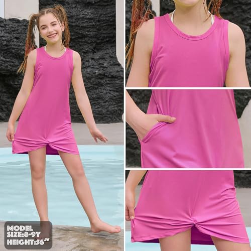 Girls Sleeveless Swim Cover Up Dress with Pockets - Rose Red, 6-7 Years