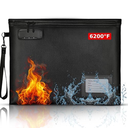 Premium Fireproof Document Bag With Lock Money Safe Bags Waterproof Zipper Fire Resistant Lockable Pouch Water Proof ID Window Tag Small Portable Firesafe Organizer For Cash Phone Tablet USB Jewelry
