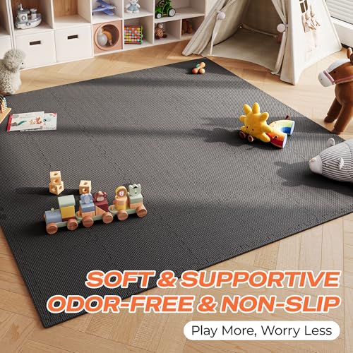 EVA Foam Interlocking Gym Mats - 18 Tiles, Black - Workout Flooring
