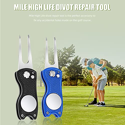 Metal Foldable Golf Divot Repair Tool with Ball Marker - Black+Blue