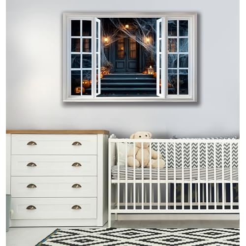 WOOHOOROO Peel and Stick Halloween Fake Window Sticker,Spooky House Scene Wall Decal with Pumpkins and Spider Webs,Removable Self-Adhesive Mural for Home Decor,16" x 24"