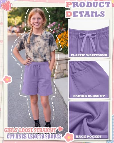 Girl's Knee Length Shorts - 3 Pack, 9-10 Years, Taro Purple, Pink, Black