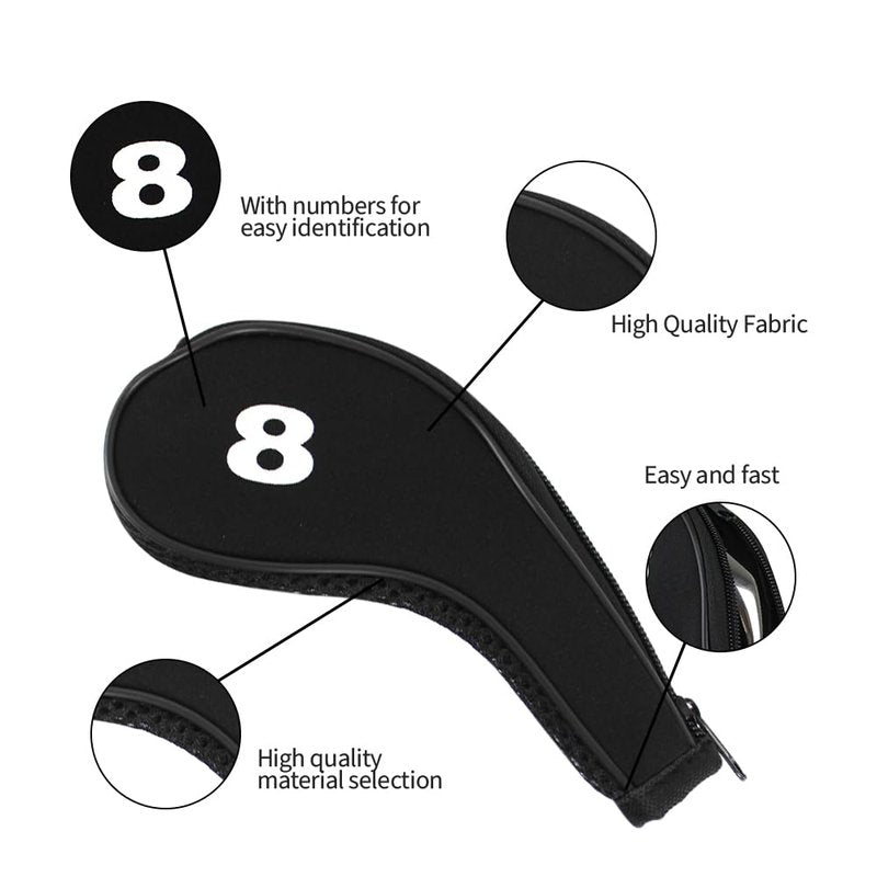 Scott Edward 12pcs Number Print Golf Club Irons Covers Neoprene Zippered Golf Wedge Covers with Long Neck Protective Mesh Golf Head Covers for Men Women Fit Most Standard Irons (Pure Black)