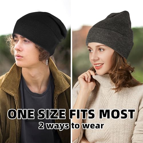 Knit Beanies for Men & Women - 2 Pack Black & Dark Gray