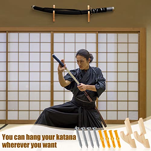 Sword Wall Mount Holder - 2 Pcs Adjustable Wooden Stand - Wood Color