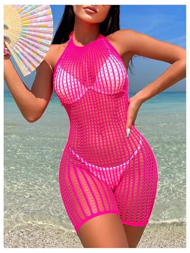 MakeMeChic Women's Fishnet Swimsuit Beach Coverup Shorts Romper - One Size Hot Pink