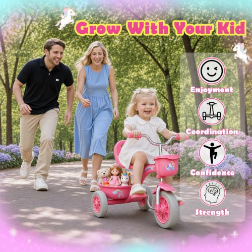 Unicorn Toddler Tricycle with Colorful Lighting Wheels - Pink