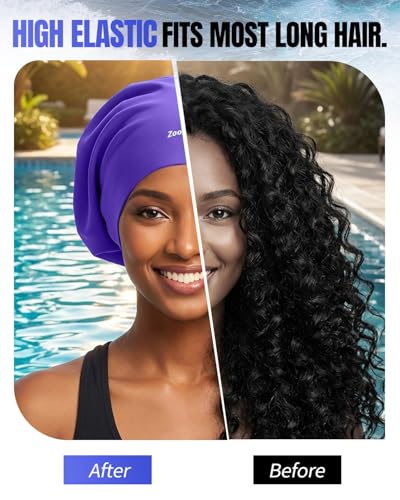 Zoomsnail Purple X-Large Silicone Swim Cap for Long Hair, Waterproof & Leak-Proof