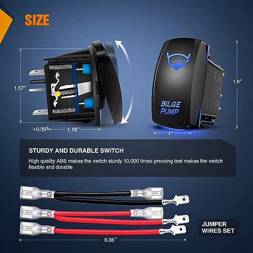 5 Pin Bilge Pump Rocker Switch with Jumper Wires - Laser Blue