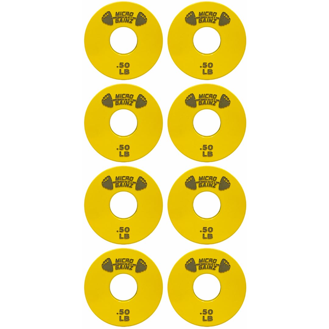 Micro Gainz 1-Inch Center Hole Standard Fractional Weights Plates Set, 8 Piece Dumbbell & Barbell Set of .50LB Plates for Strength Training and Weight Lifting, (Choose Color), Made In USA (Yellow)