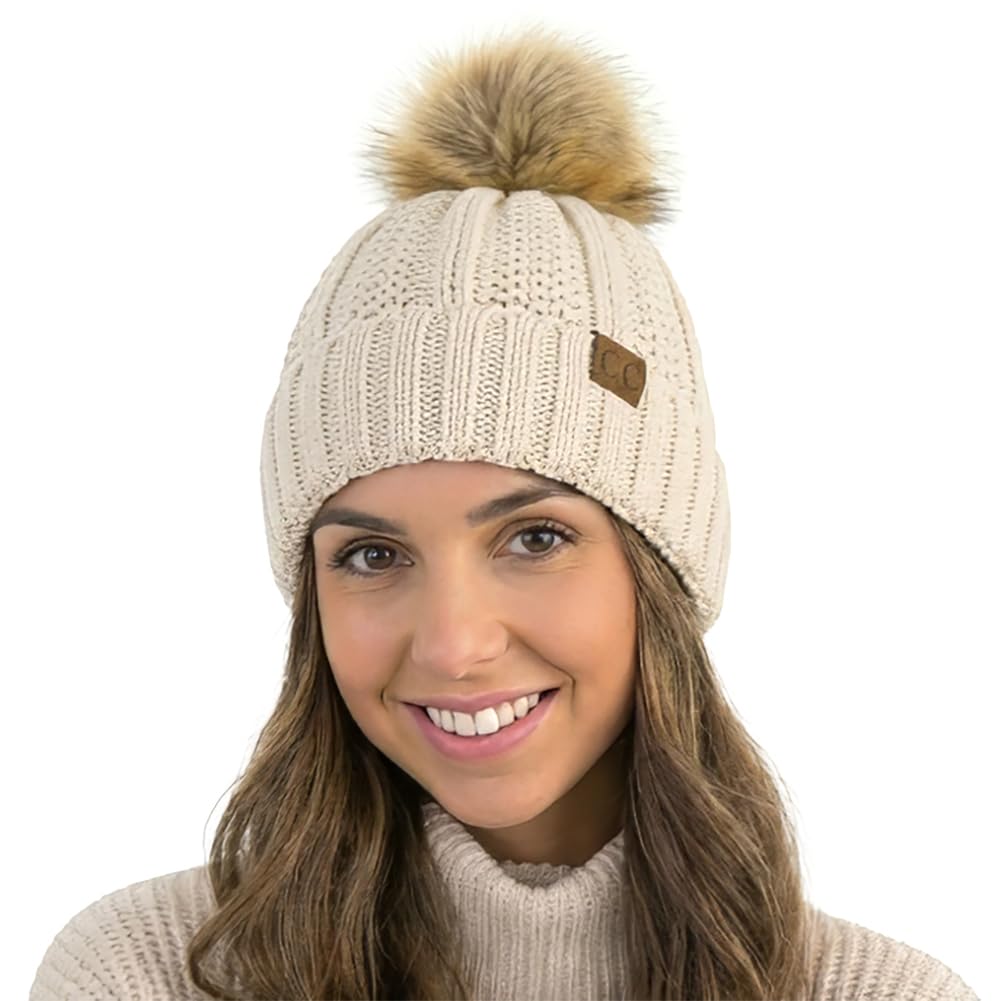 C.C Beanie Women’s Cozy Chenille Pom-Pom Hat — Warm Fashionable Ski-Style Winter Beanie (Beige)