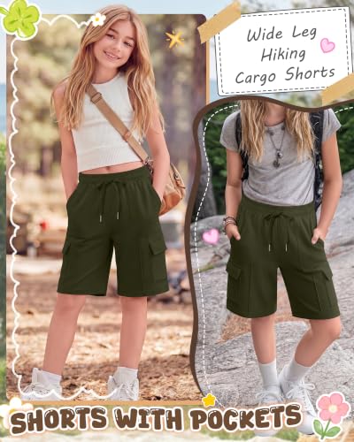 Girls Cargo Bermuda Shorts - Army Green, 9-10 Years