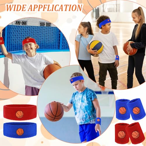 Sports Sweatbands Set for Kids - 2 Headbands & 4 Wristbands - Red & Blue