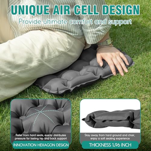 Inflatable Seat Cushion - Portable Grey Stadium Pad for Camping, Travel, Office