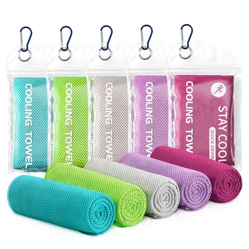 Cooling Towels - 5 Pack Gym Towels for Working Out & Yoga - Light Blue, Green, Grey, Purple, Rose Red