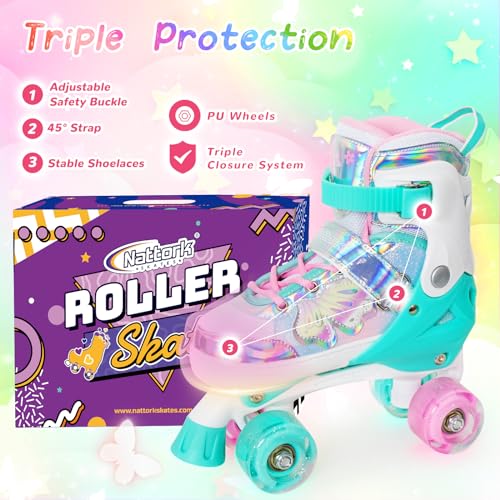 Nattork Kids Adjustable Roller Skates Teal Small(10C-13C) with Light-Up Wheels & Butterfly Design