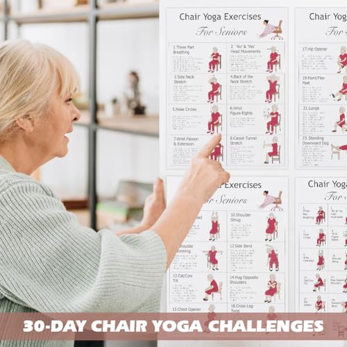 Chair Yoga Poster Set for Seniors – 4 Illustrated Guides & 30-Day Challenge - White