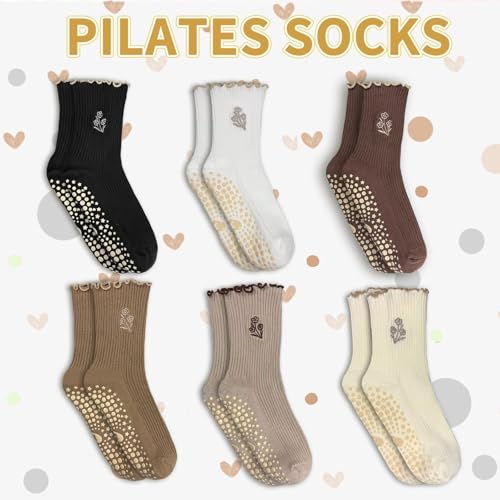 3 Pairs Non-Slip Pilates Grip Socks for Women - Coffee Flower Ruffle
