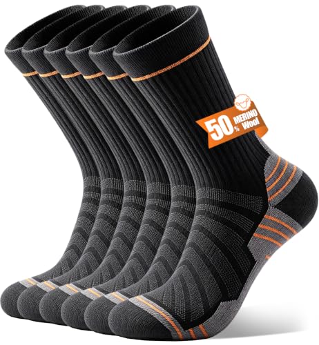 Merino Wool Hiking Socks - Lightweight Breathable Cushioned Crew Socks - Medium / Black & Grey