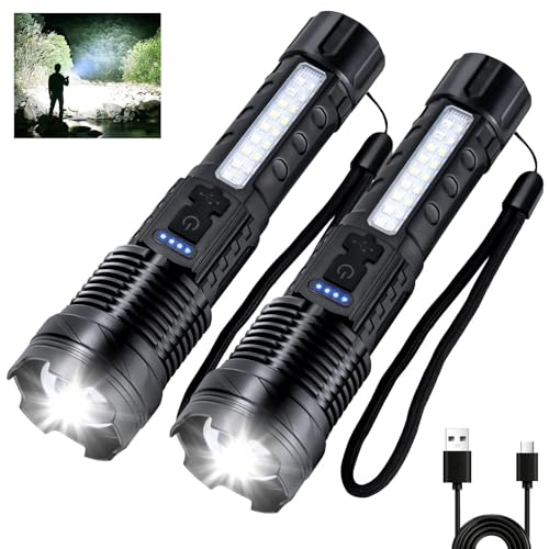 Rechargeable Flashlights High Lumens 980,000L (2 Packs), Super Bright LED Handheld Flash Light with USB C, COB Side Light, 7 Modes, Waterproof, Battery Powered Flashlight for Emergency, Home