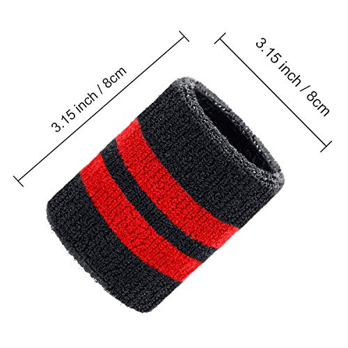 Wrist Sweatbands – 6 Pack Absorbent Athletic Bands - Black with Red Stripe
