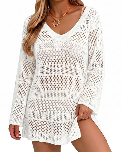 CoCozy White Crochet Bikini Cover Up for Women - Beach & Pool Vacation Wear, Size S-XL