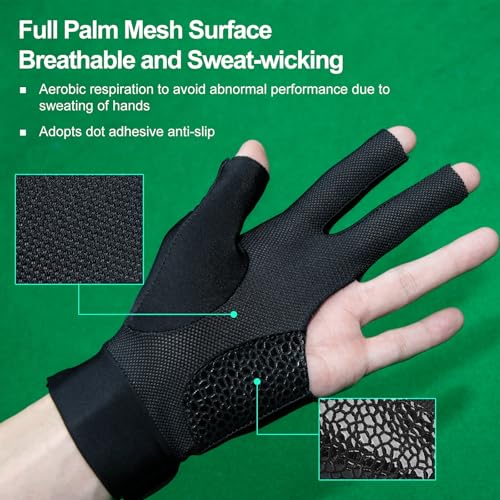 Billiard Pool Glove for Left Hand - 3-Finger, Black, Large