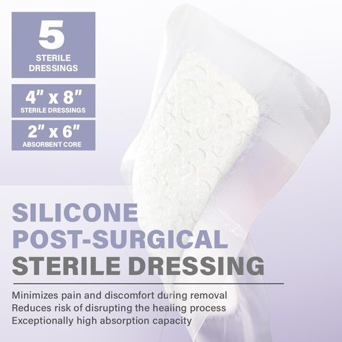 EVERLIT Post-Surgical Dressing | Sterile Waterproof Adhesive Dressing for Post-Operative Wound Care | Hypoallergenic Silicone Coated Bandage for Surgical Incision Pack of 5 (4" x 8")