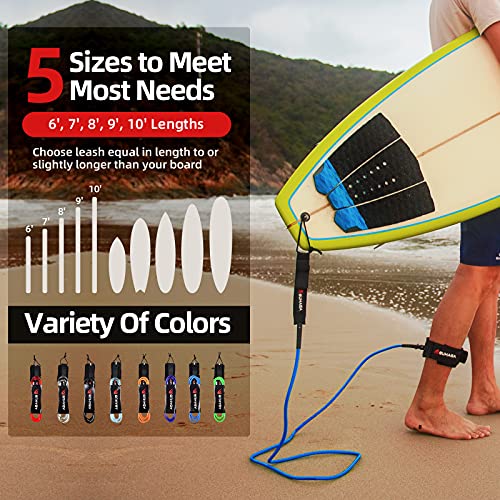 Abahub 8ft Surfboard Leash with Blue 7mm TPU Cord & Secure Ankle Cuff