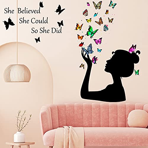 Chinco Inspirational Quote Wall Decals Butterfly She Believed She Could So Did Wall Stickers Positive Sayings Vinyl Stickers for Women Graduation Back to School Bedroom Living Room Office Classroom