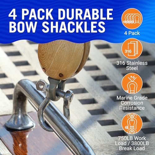 Better Boat 1/4 Inch Marine Grade Stainless Steel D-Ring Shackles - 4 Pack