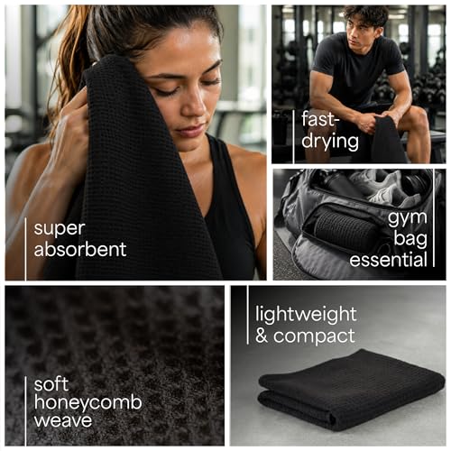 Microfiber Gym Towels - 6 Pack, 16" x 27", Quick-Dry, Honeycomb Black