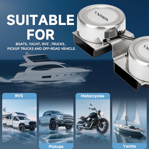 12V Super Loud Marine Horn 125dB Waterproof Stainless Steel Dual-Tone Silver 2pcs